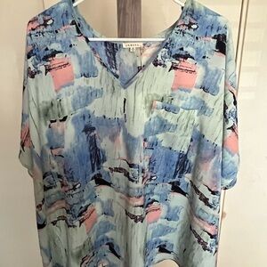 JODIFL Artistic Blue and Pink Blouse size M but fits L